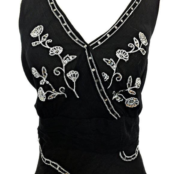 DONATE     Black 100% Silk Faux Wrap Tie Back Blouse w/Gems L - Picture 2 of 3